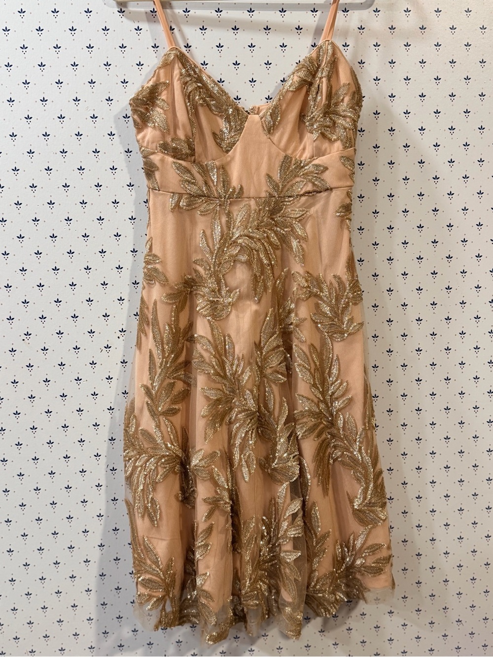 Lulus Blush Nude Gold Metallic Embroidered Sequin Cocktail Mini Dress - Size M